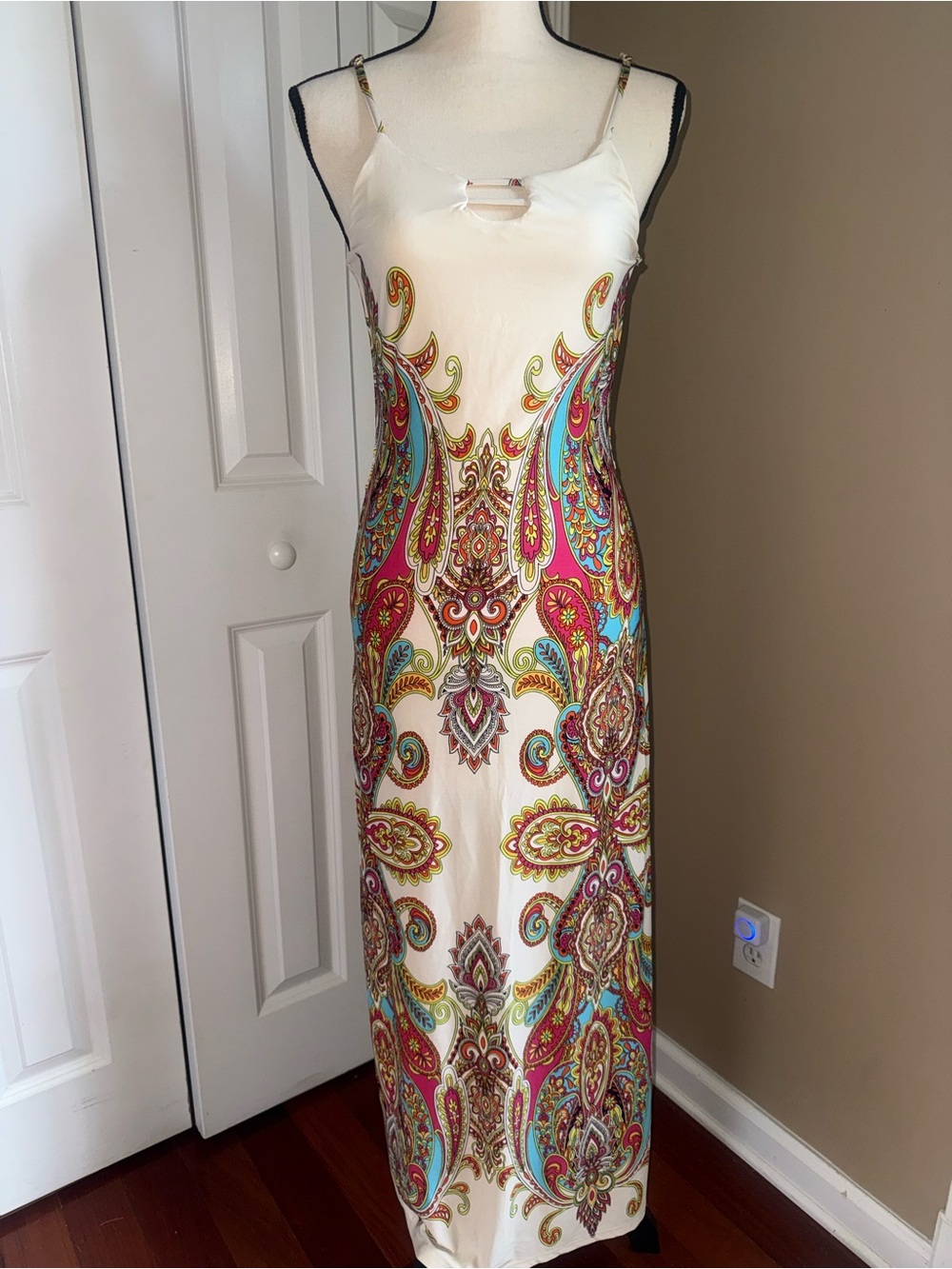 Cream Paisley Slip Maxi Dress - Sleeveless Elegant Summer Dress small